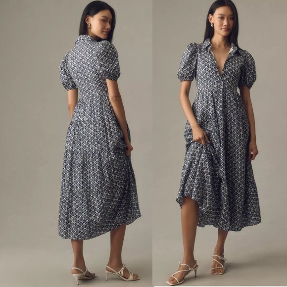 English Factory Dresses & Skirts - anthropologie English Factory Puff-Sleeve Tiered Midi Shirt Dress M blue new NWT